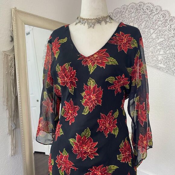 Witchy Whimsygoth Black Red Beaded Sheer Mesh 3/4 Sleeve Blouse XL Petite - Picture 3 of 8